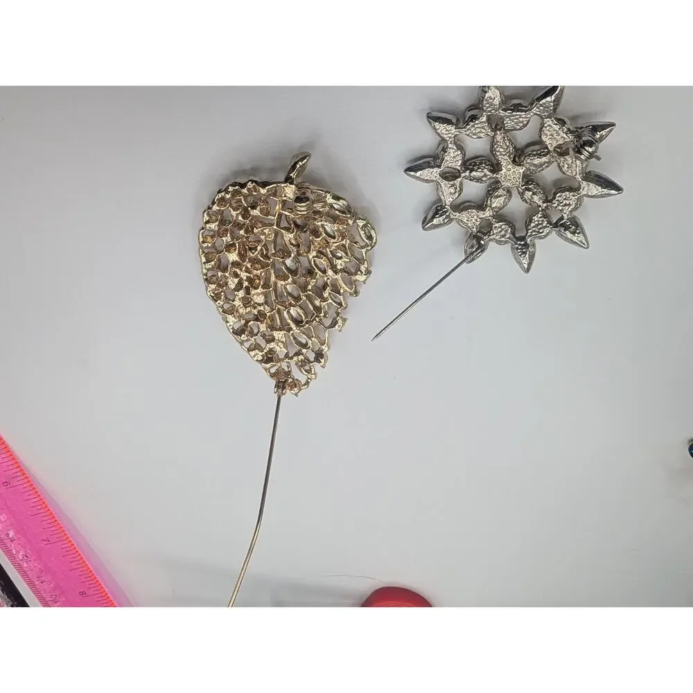 Vintage Style Rhinestone Brooch Pin Lot Leaf & Starburst Autumn Tones